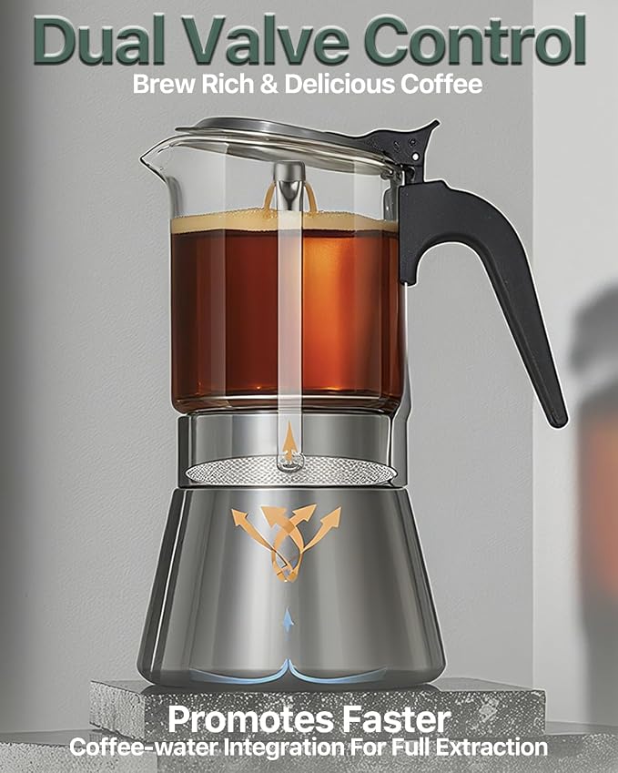 Grasseed Crystal Glass-Top Moka Pot, Polished Stainless Steel Stovetop Espresso Maker for Italian Coffee, Gift for Coffee Lovers - 9 Cup/360ml/12.6oz