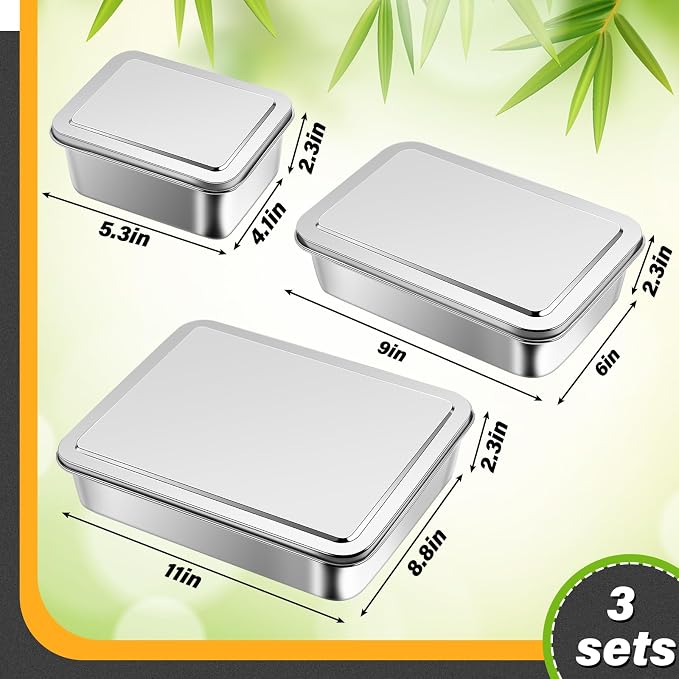 Tioncy 3 Sets Stainless Steel Cake Pan with Lid 11/9/5 Inch Rectangle Sheet Baking Pan with Covers Bakeware with Lids for Cakes Breads Casseroles Fish Vegetables and More