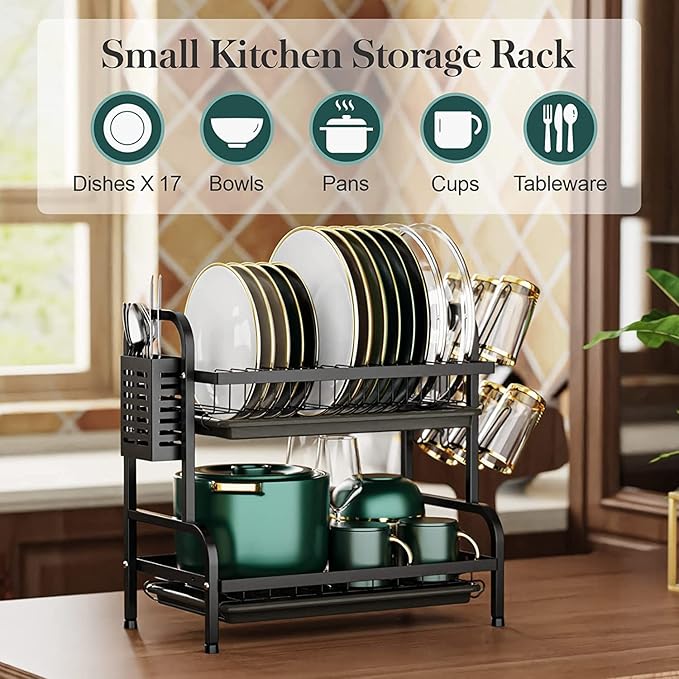 Dish Drying Rack,2 Tier Stainless Steel Dish Rack Drainboard Set,Utensil Holder, Cutting Board Holder,Dish Drainer for Kitchen Counter,Space-Saving (Black)