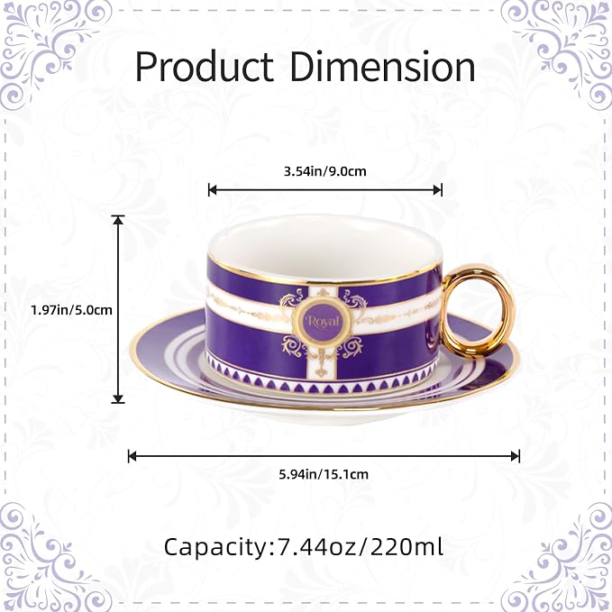 KAMMAK Tea Cups and Saucers Set of 2, Porcelain Coffee Cups, Stackable Espresso Mugs, Ceramic Demitasse for Coffee, Latte, Americano, Tea, Polka Dot Fantasy Purple