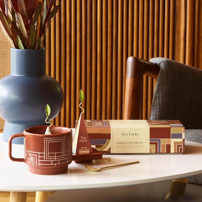 Tea Forte Porcelain Tea Cup and Lid, Steeps 8 oz., Microwave & Dishwasher Safe, Terra - Frank Lloyd Wright