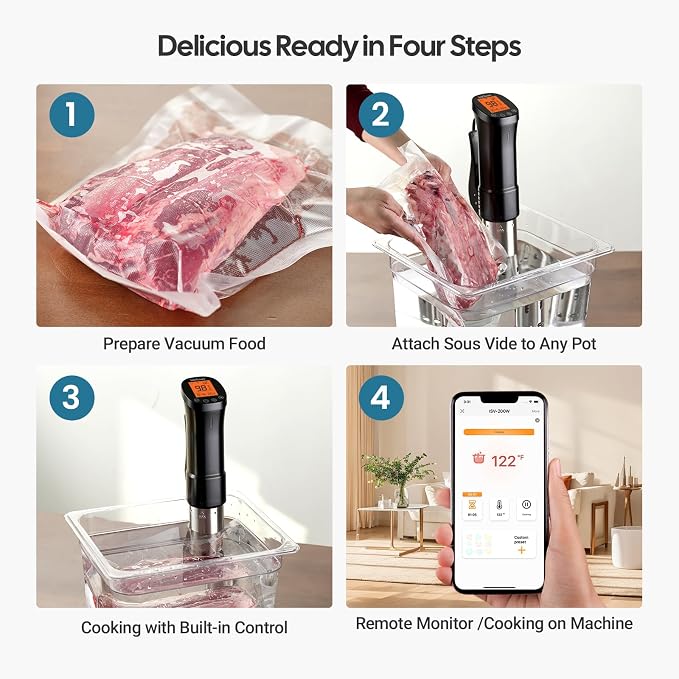 WiFi 2.4G Sous Vide Cooker, 1000W Sous Vide Machine Ultra-Quiet & 3D Fast Heating, App Control, Timer, Precise Calibration & Restaurant Chef-Level Recipes