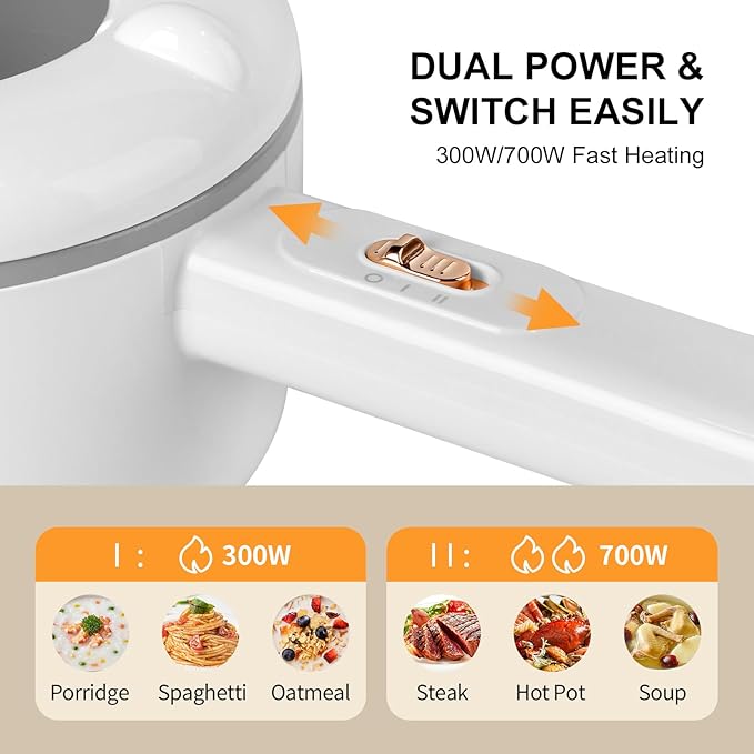 Electric Hot Pot 2L, 700W Portable Multi-Purpose Cooker with Dual Power Control, Non-Stick Pot for Noodles, Steak, Eggs, Ramen, Oatmeal, and More