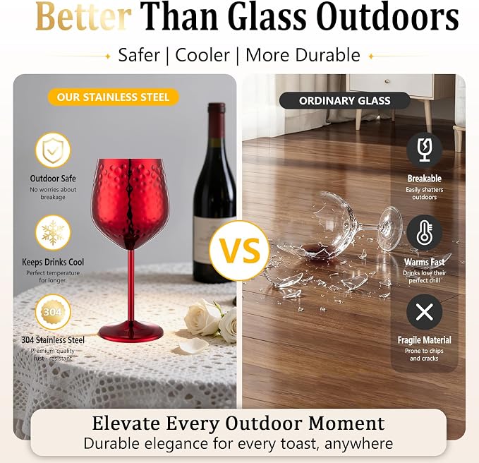 UNISWEET Stainless Steel Wine Glasses Set of 4 Unbreakable (Red) | 17 oz Large-capacity Hammered Goblets, Lightweight & Reusable, Good for Outdoor, Camping, Pool Travel, Gift for Wine Lovers