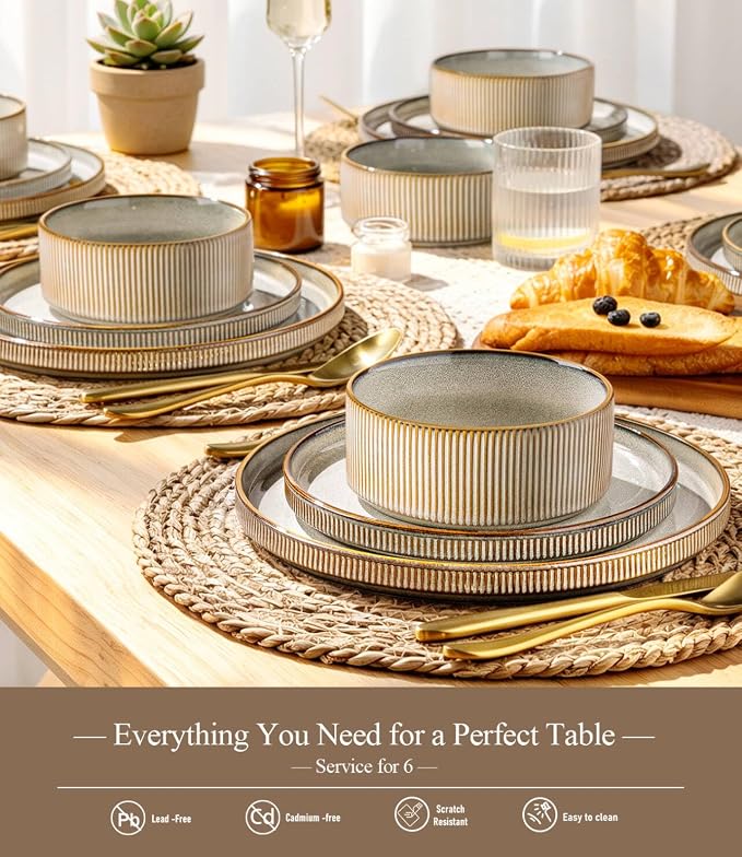 GBHOME 18-Piece Stoneware Dinnerware Set for 6 – Ribbed Ceramic Plates and Bowls, Scratch-Resistant, Microwave & Dishwasher Safe, Reactive Glaze, Reactive Glaze Green Wheat