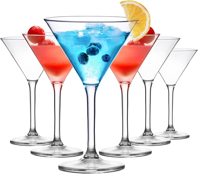 ZOMUIA Plastic Martini Glasses Set of 6, 10 oz Reusable Plastic Cocktail Glasses with Stem, Unbreakable Martini Glasses for Bar, Margarita, Whiskey, Tequila, Party, Poolside, Outdoors and More