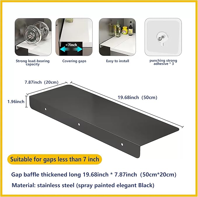 Metal Kitchen Refrigerator Gap Partition Countertop Gap Extension Board,Gap Covers Between Countertop and Walls, Refrigerator Side Partition, No Drill(Black,19.68 * 7.87inch)