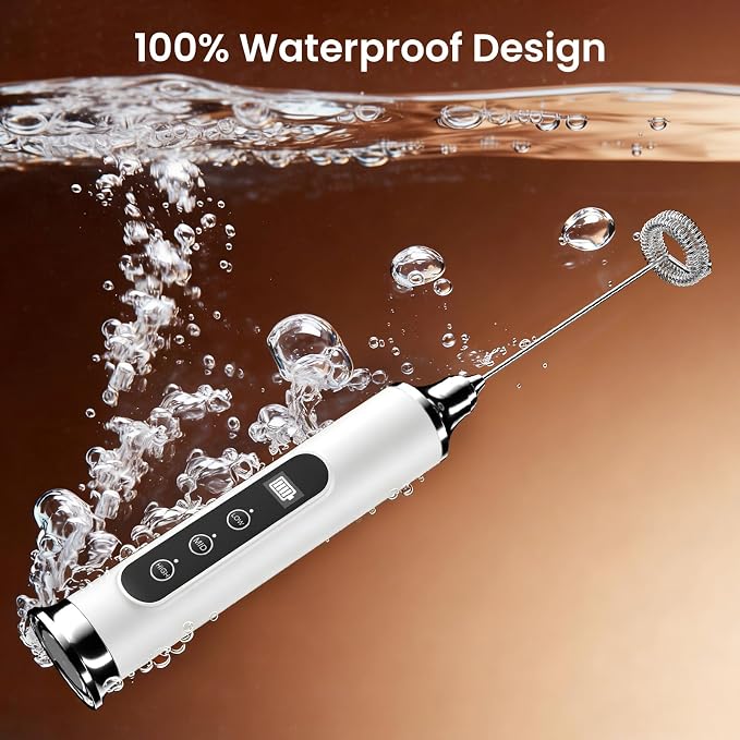 YUSWKO Milk Frother Wand for Coffee, White Handheld Coffee Frother, Rechargeable Drink Mixer, Waterproof Electric Whisk
