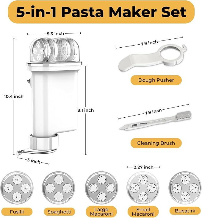 5-in-1 Durable Pasta Press Attachment Compatible with KitchenAid Stand Mixer, Pasta Extruder with 5 Interchangeable Plates and Brush | Makes Spaghetti, Bucatini, Fusilli, and Macaroni