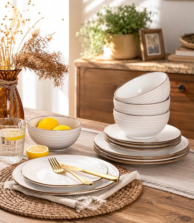 GBHOME Dinnerware Sets for 4, Farmhouse Style Stoneware Plates and Bowls Sets, 12 Pieces Embossed Scratch Resistant Dishes, Dishwasher & Microwave Safe, White
