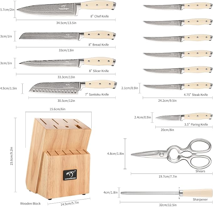 Knife Set, 14 Pieces Damascus Kitchen Knife Set with Block, ABS Ergonomic Handle for Chef Knife Set, Knife Sharpener and Kitchen Shears, Knife Block Set for Chopping, Slicing & Cutting