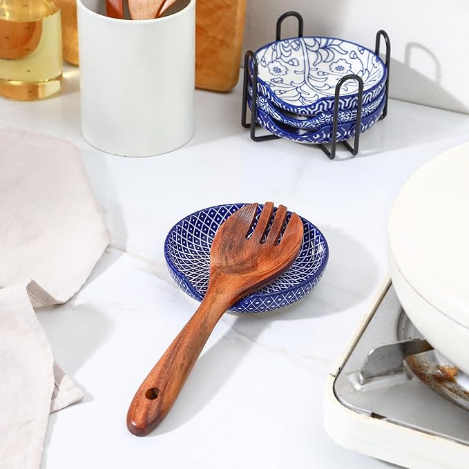 Selamica Ceramic Spoon Rest with Holder, 4.8 Inch Spoon Rest for Stove Top, Spoon Holder for Kitchen Counter, Coffee Spoon Holder, Utensil Rest for Cooking, Ladles, Tong, Set of 4, Vintage Blue