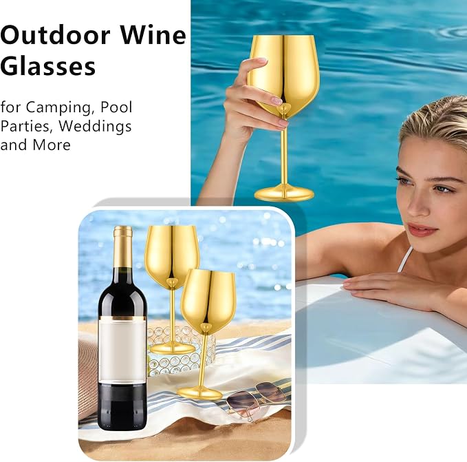 UNISWEET Stainless Steel Wine Glasses Set of 6 with 1 Corkscrew Gold | 17 oz Unbreakable Metal Wine Goblets, Reusable & Sturdy, Ideal for Outdoor, Travel, Camping, Pool, Gift for Wine Lovers