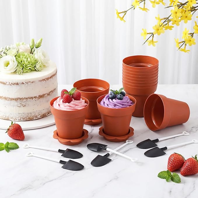 Patelai 24 Pack Flower Pot Dessert Cups with Shovel Spoons Plastic Cake Desserts Cups for Farmers Market Construction Birthday Party Baking Supplies, Ice Cream, Cupcakes, Yogurt, Pudding