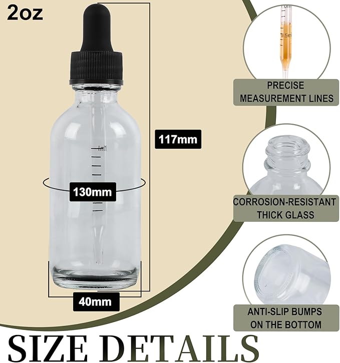 NOOEEISS 48 Pack, 2oz Glass Dropper Bottle, Preety Texture Tincture Bottles with Precise Scales Eye Droppe, for All Kinds Of Mixed Liquids,Leak-Proof Design for Easy Travel (Clear)
