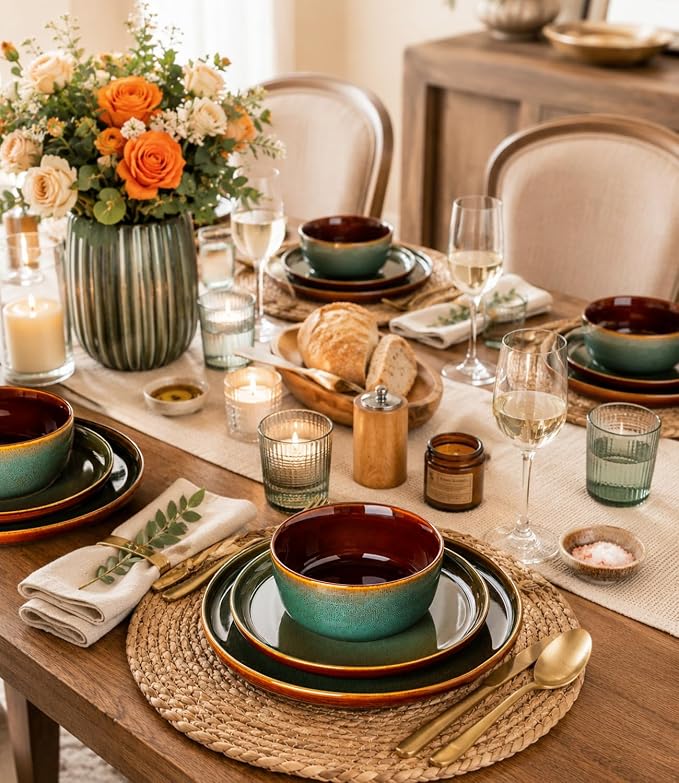 GBHOME Dinnerware Sets for 8, 24 Pieces Stoneware Plates and Bowls Sets, Scratch Resistant Dishes, Dishwasher & Microwave Safe, Reactive Glaze