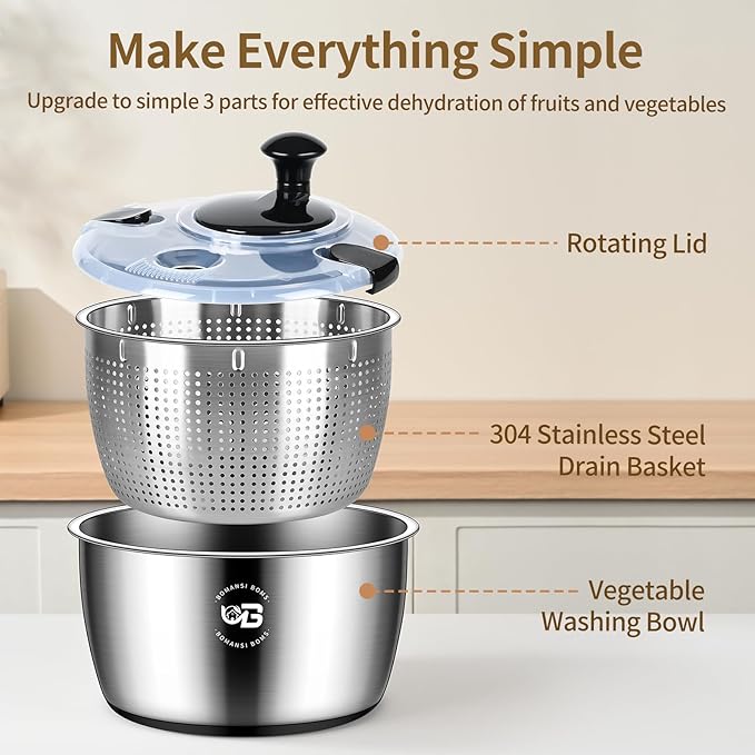 5.3 Qt Stainless Steel Salad Spinner, BOMANSI BOMS Vegetable Spinners, Lettuce Spinner, Fruit Washer, Large Salad Spinners, Dishwasher Safe, 304 Stainless Steel Bowl & Basket