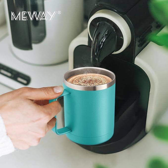 MEWAY 12oz Coffee Mug With Handle 2 Pack Bulk,Stainless Steel Insulated Travel Tumblers With Sliding Lid,Double Wall Vacuum Camping Cup for Hot & Cold Drinks Tea (Light Green,Set of 2)