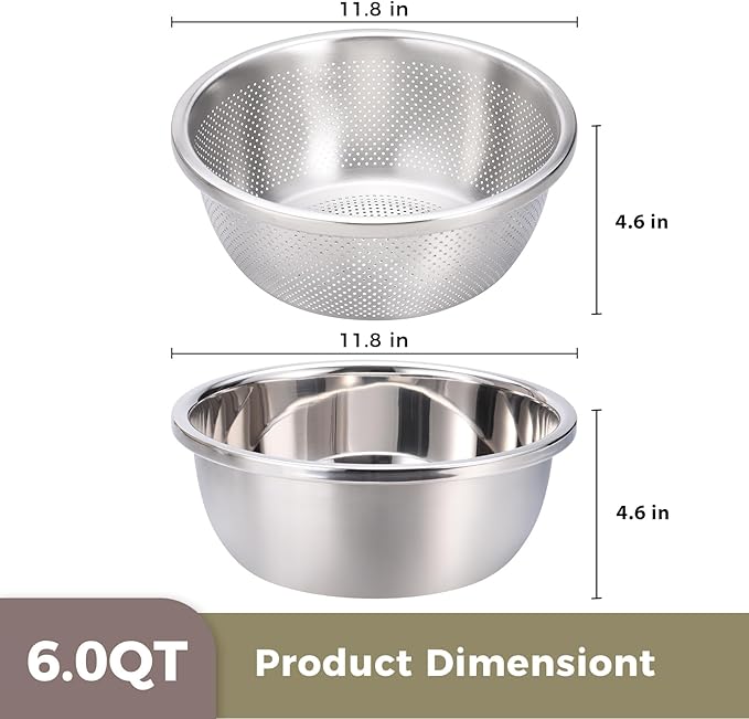 Colander and Bowl Set 6.0QT (2-in-1) - Thickened 304 Stainless Steel Kitchen Strainer Bowl for Fruit, Pasta, Vegetables, Rice - Heavy Duty, Induction Cooker & Dishwasher Safe