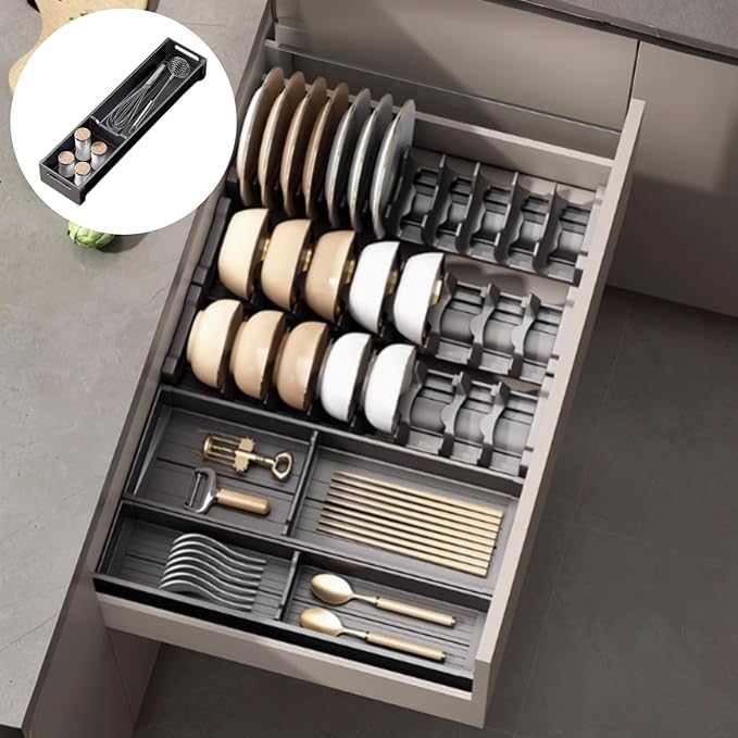Dish Drying Rack, Stainless Steel Adjustable Bowl Plate Drainer, Pot Lid Holder, Plate Organizer for Cabinet for Cutting Boards, Cooling Racks (Gentle Black,16.14 * 3.93 inch,Tool Box A)