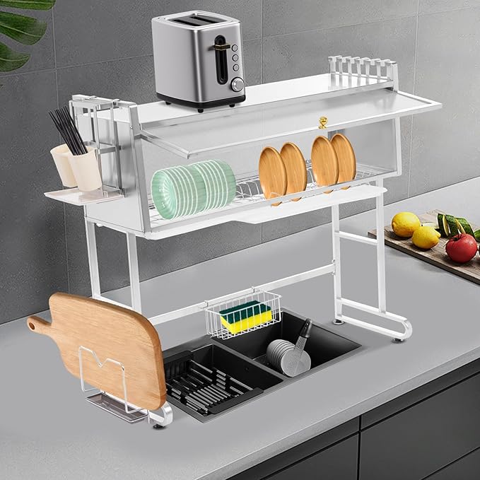 Over The Sink Dish Drying Rack 2 Tier Stainless Steel Dish Drainer Drying Rack 34.25" W Multifunctional Kitchen Organizers and Storage for Dishes, Glasses, Bowls, and Cutlery (Silver)