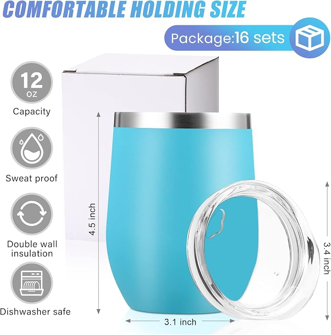 Remagr 16 Pack Stainless Steel Wine Tumblers 12 oz Insulated Vacuum Wine Cup Set Double Wall Stainless Steel Stemless Mug Glasses for Coffee Soda Whiskey Outdoor Travel (Light Blue)