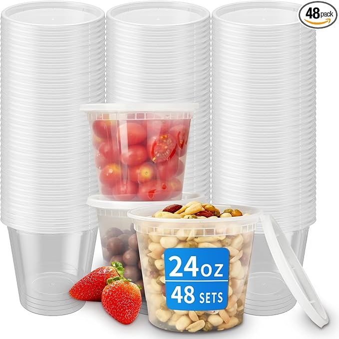 Plastic Deli Containers with Lids, 48 Sets 24 oz Soup Storage Meal Prep Box