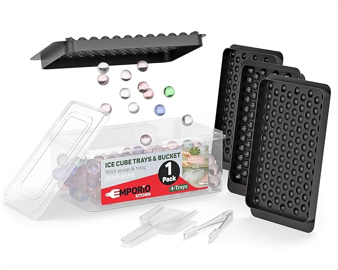 Emporio Kitchen Round Ice Cube Tray Set Pack of 1, BPA-Free Stackable Trays with Lid & Tongs, 104 Ice Balls Per Tray for Whiskey, Drinks, and Cocktails, Quick Release Round Ice Cube Mold, Black