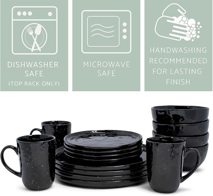 Elanze Designs Shiny Speckled Western Country Style Ceramic Plates Bowls Mugs Dinnerware 16 Piece Set - Service for 4, Black