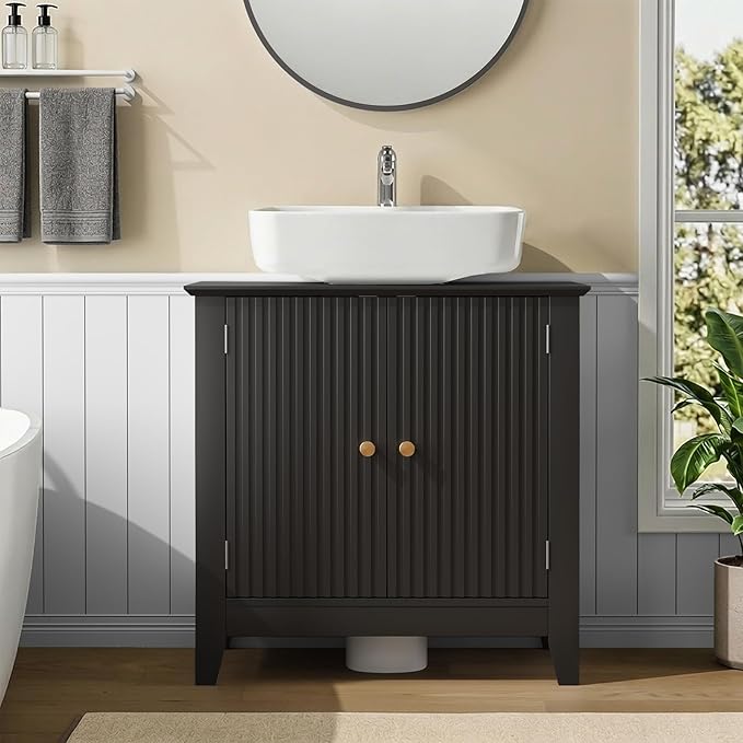 Under Sink Bathroom Cabinet with U-Shape Cutout for Pedestal Sink, Storage Cabinet with 2 Doors, Adjustable Shelf, Freestanding Floor Cabinet, Space-Saving Organizer for Bathroom (Black)