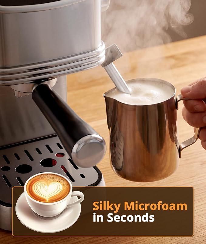 Electactic Compact Espresso Coffee Machine, Espresso Maker with Powerful Milk Frother for Cappuccino, Latte, Small Coffee Machine & Coffee Maker for Home, Apartments, Offices, Dorms, Silver
