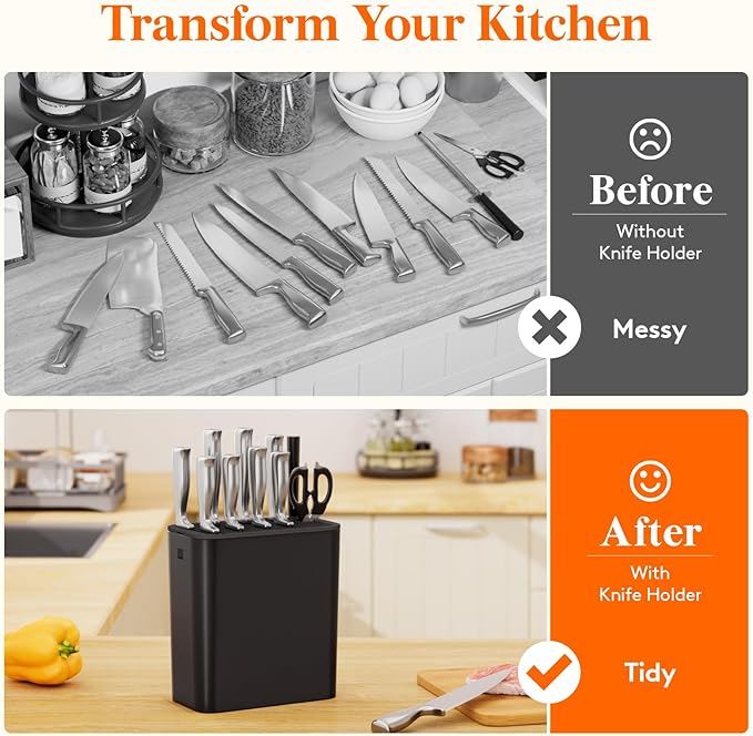 Lifewit Knife Block without Knives, Large Plastic Universal Knife Block Holder with Detachable Slots, Hold Up to 25 Knives, Scissors, and Sharpening Rods, Kitchen Storage Organizer for Counter, Black