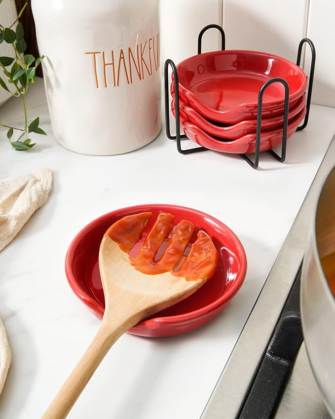 LE TAUCI Ceramic Spoon Rest with Holder, 4.8 Inches Spoon Rest for Stove Top, Utensil Rest for Kitchen Counter, Coffee Spoon Holder, Set of 4, Red