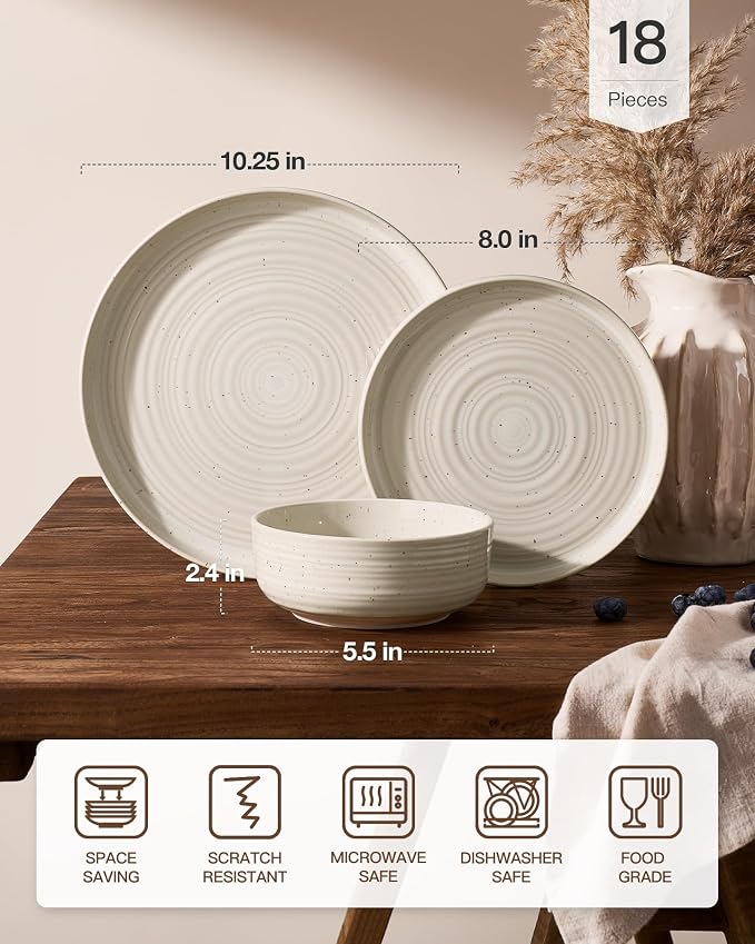 18-Piece Reactive Glaze Stoneware Dinnerware Sets for 6 - Coupe Plates & Bowls with Speckles & Spirals - Chip & Scratch Resistant, Microwave & Dishwasher Safe - Gift Box, Shell Beige