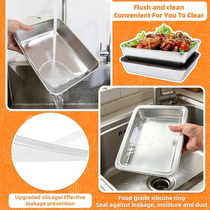 2 PCS Stainless Steel Food Storage Containers with Clear lids,2.16 Inch Deep, 8x10 Inch Stainless Steel Oven plate, Metal Roasting Pan, Freezer & Dishwasher Safe,For Meal Prep、Meat、Fruit