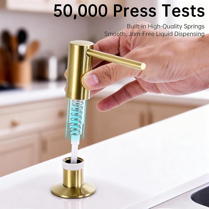 Avola Brushed Gold Deck Mounted Lotion or Soap Dispenser for Kitchen Sink, Spot-Free Brass Pump Liquid Lotion Kitchen Sink Soap Dispenser with 47" Extension Tube Kit&17 OZ PET Bottle