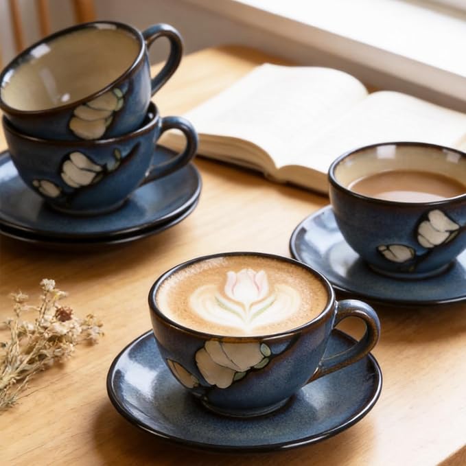 8 Oz Floral Porcelain Cappuccino Cups with Saucers Set of 4, Stoneware Tea Coffee Mugs for Home Kitchen & Office, Dishwasher Microwave Oven Safe, for Espresso, Latte, Americano, Milk & Tea, Dark Blue
