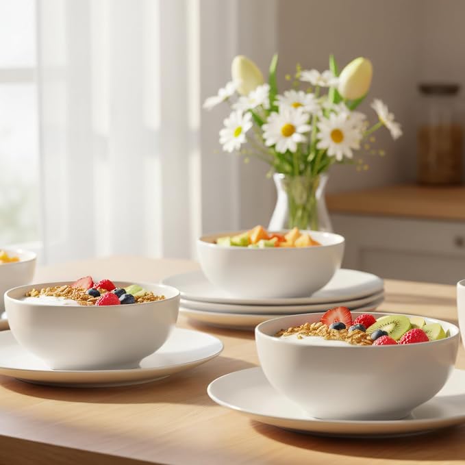 16-Piece Dinnerware Set for 4, White Porcelain Plates and Bowls, Chip Resistant Dishwasher Safe for Family Dining and Daily Use