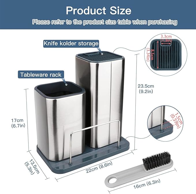 Universal Knife Block, Stainless Steel Universal Knife Holder Block Without Knives, Modern Kitchen Knife Storage Organizer for Countertop (with Cleaning Brush) (Stainless Steel/Silver)