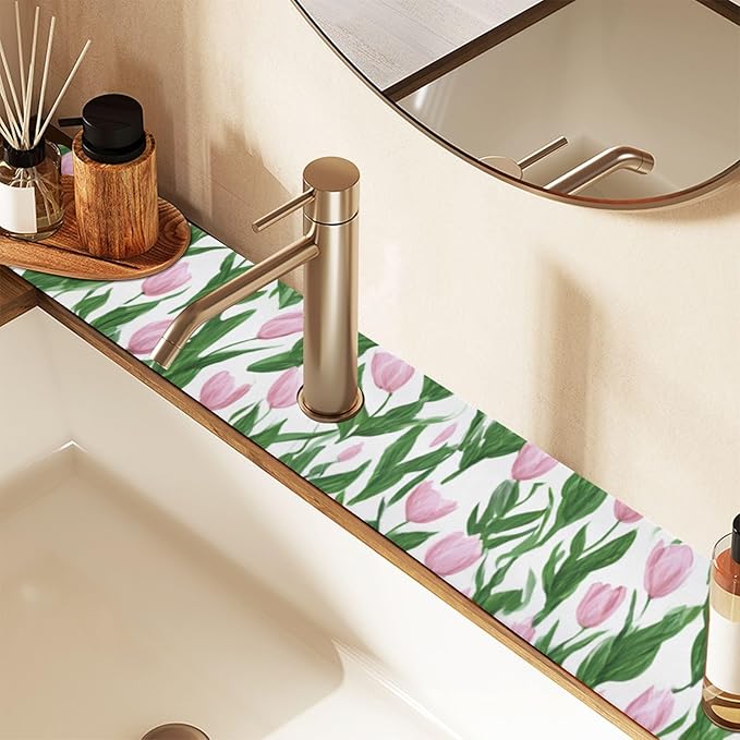 Kitchen Sink Splash Guard 2 PCS 30 Inch Sink Faucet Mat Splash Guard for Bathroom Countertop Water Absorbent Foldable Cuttable Soft Washable Small Tulips Pink