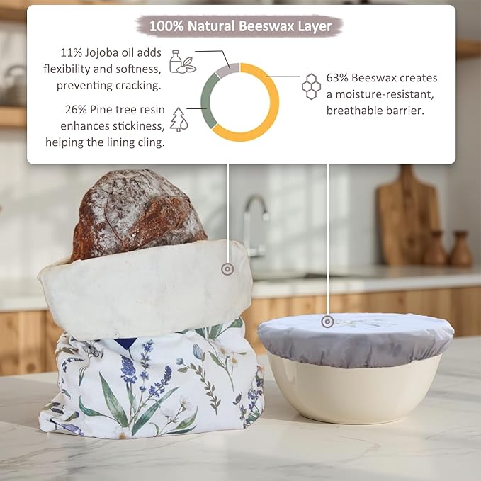 Reusable Linen Cotton Beeswax Bread Bags for Sourdough XL with Zipper, 10-inch Cotton Beeswax Bowl Cover Set, to Keep Bread and Food Fresh, All Natural Materials