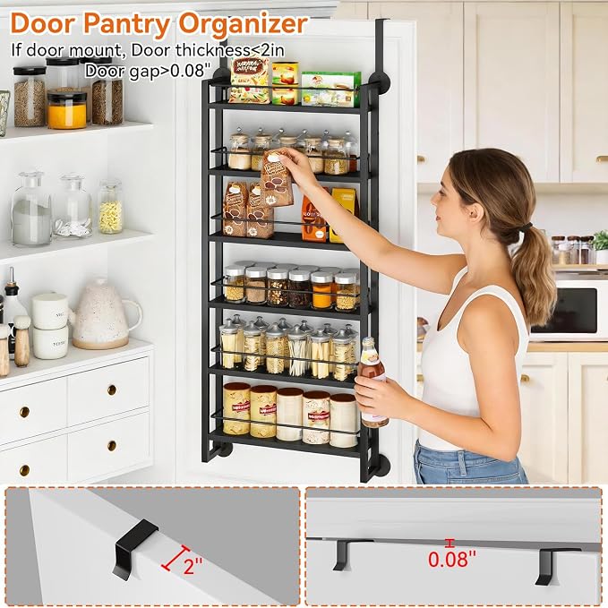 IBUYKE 6 Tier Over The Door Pantry Organizer,Wall Mounted Spice Rack,Door Hanging or Wall,Adjustable Hanging Storage Shelves,Spice Organization for Kitchen cabinet,Bathroom,Closet,Black UTLJ028B