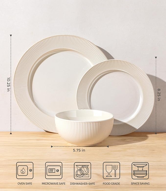 TheTerra Stoneware Dinnerware Sets for 6, 18 Pieces Ceramic Plates and Bowls Sets, Scratch Resistant Embossed Dish Set, Oven, Microwave & Dishwasher Safe, Cream White