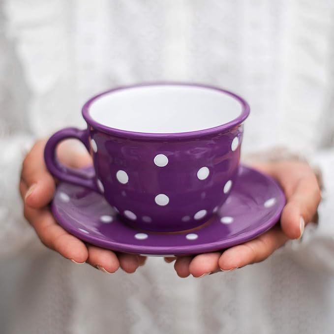 City to Cottage Handmade Purple and White Polka Dot Large Ceramic 12oz/350ml Cappuccino Coffee Tea Cup and Saucer, Unique Designer Pottery for Tea Lovers