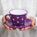 City to Cottage Handmade Purple and White Polka Dot Large Ceramic 12oz/350ml Cappuccino Coffee Tea Cup and Saucer, Unique Designer Pottery for Tea Lovers