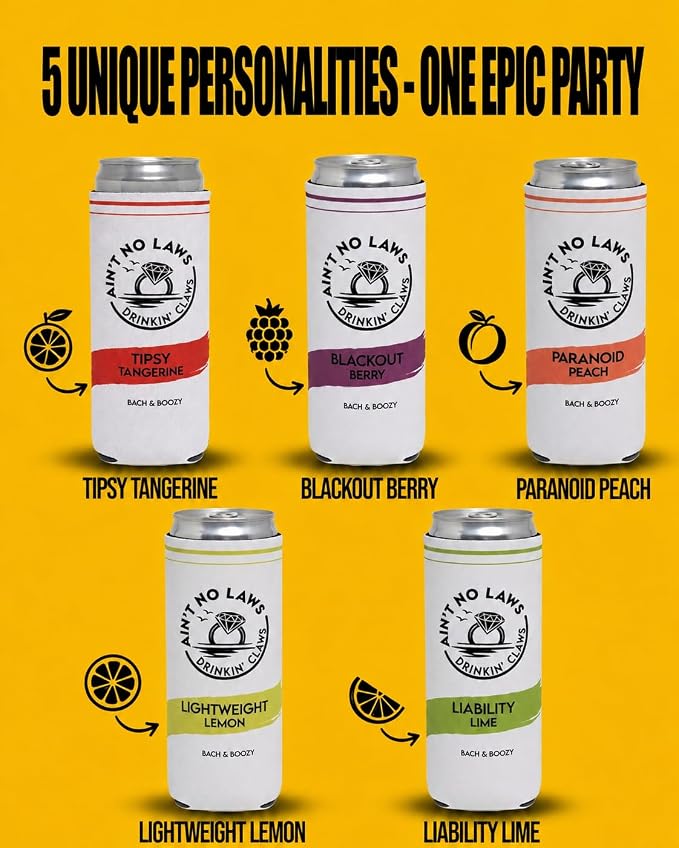 Funky Junque Bachelorette Party Favors Slim Can Cooler, Funny Bridesmaid & Bride Gifts for Girls Trip, Bridal Shower Decorations & Accessories, 12 oz Skinny Can Covers - Ain't No Laws - 5 Pack