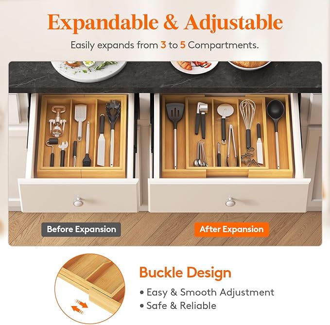 Lifewit Silverware Organizer for Kitchen Drawers, Expandable Cooking Utensil Tray, Adjustable Cutlery and Flatware Holder, Adjustable Spatula Tools and Gadgets Storage Divider