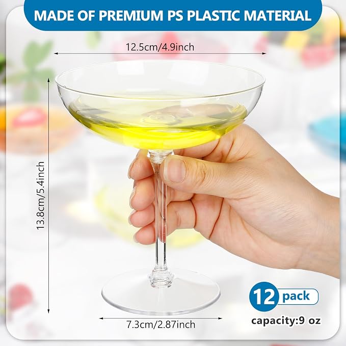 LemonRoad 12 Pcs Plastic Coupe Glasses 9 oz Disposable Martini Glasses for Cocktails, Champagne, Desserts and Espresso, Drinkware Set for Weddings, Birthday Parties, Home Bars (Clear)