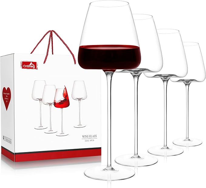 Crystal Wine Glasses Set of 4, Hand Blown Wine Glass 22OZ, Wine Glasses for Red/White, Thin Rim, Long Stem, Unique Gift for Wedding, Christmas