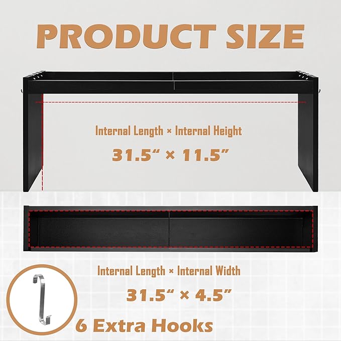 Over The Stove Shelf, Wood Stove Top Shelf,31.5" Stove Top Organizer Shelves with 6 Hooks,11.5" Height Over Stove Spice Rack for Kitchen, Black